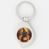 Zwarte kitten in heks Pet te midden van Halloween Sleutelhanger (Voorkant)