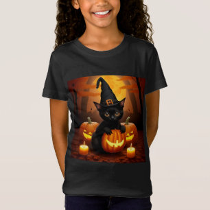 Zwarte kitten in heks Pet te midden van Halloween  T-shirt
