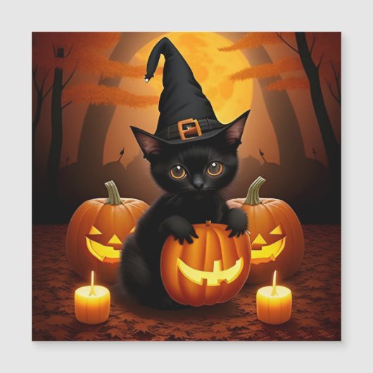 Zwarte kitten in heksenhoed te midden van Hallowee (Voorkant)