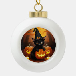 Zwarte kitten in heksenhoed te midden van Hallowee Keramische Bal Ornament