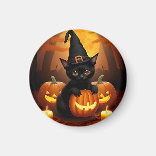Zwarte kitten in heksenhoed te midden van Hallowee Magneet