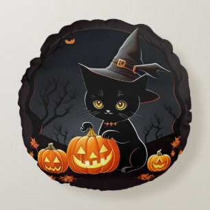 Zwarte kitten in heksenhoed te midden van Hallowee Rond Kussen
