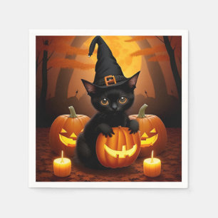 Zwarte kitten in heksenhoed te midden van Hallowee Servet