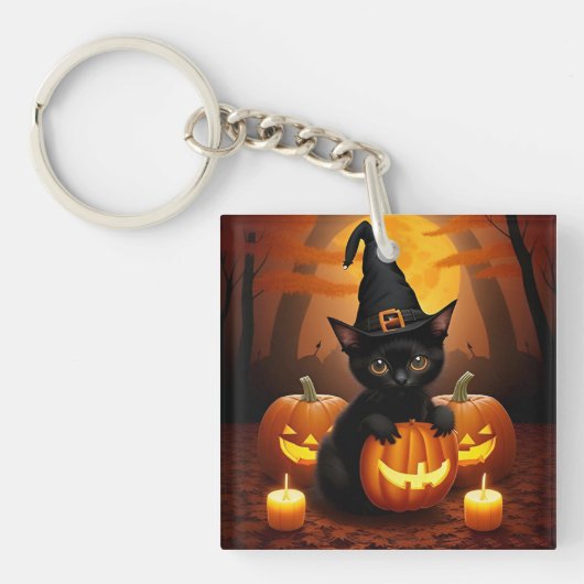 Zwarte kitten in heksenhoed te midden van Hallowee Sleutelhanger (voorkant)