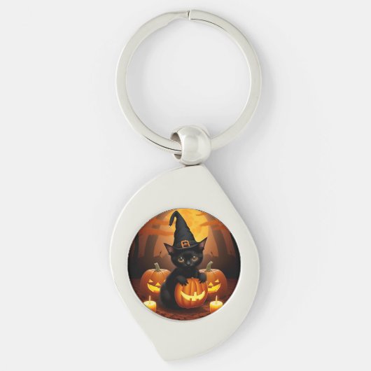 Zwarte kitten in heksenhoed te midden van Hallowee Sleutelhanger (Voorkant)