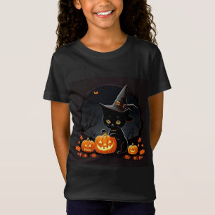 Zwarte kitten in heksenhoed te midden van Hallowee T-shirt