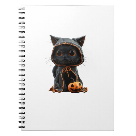 Zwarte Kitten in Pumpkin Cape - Halloween Ontwerp Notitieboek (Voorkant)
