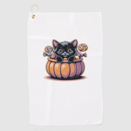 Zwarte kitten in Treat Bucket Classic T-Shirt Golfhanddoek (Voorkant)