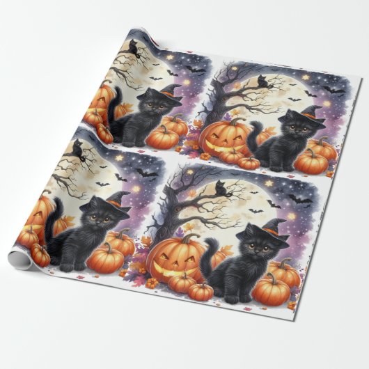 Zwarte Kitten Kat Halloween Inpakpapier (Uitgerold)