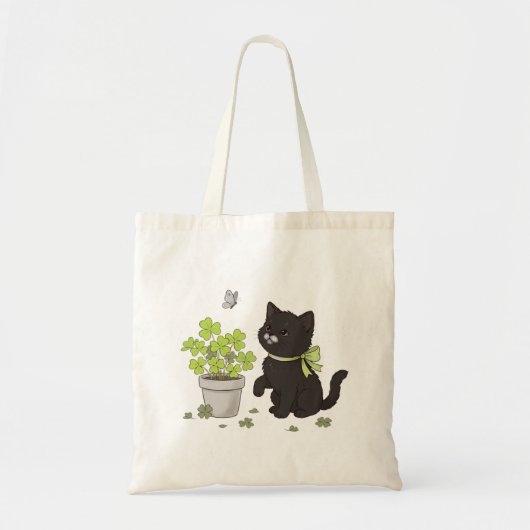 Zwarte Kitten & Lucky Clover Tote Bag (Voorkant)
