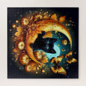 Zwarte kitten, maan, pompoenen en vlinders legpuzzel (Horizontaal)