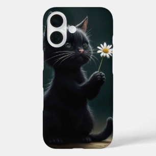 Zwarte kitten met een witte daisy iPhone 16 hoesje
