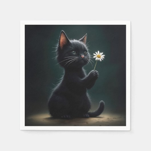 Zwarte kitten met een witte daisy servet (Voorkant)