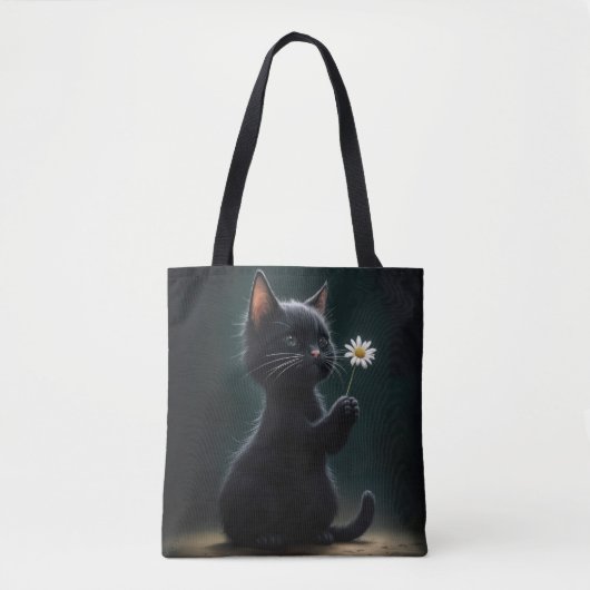 Zwarte kitten met een witte daisy tote bag (Voorkant)