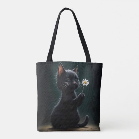 Zwarte kitten met een witte daisy tote bag (Achterkant)
