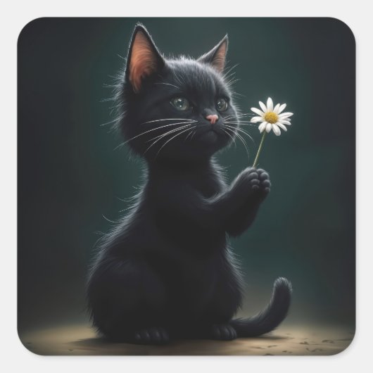 Zwarte kitten met een witte daisy vierkante sticker (Voorkant)