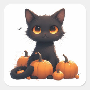Zwarte Kitten Met Oogstpompoen Vierkante Sticker