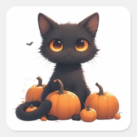 Zwarte Kitten Met Oogstpompoen Vierkante Sticker (Voorkant)
