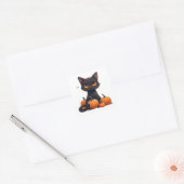Zwarte Kitten Met Oogstpompoen Vierkante Sticker (Envelop)