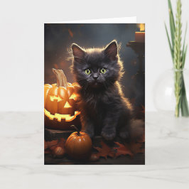 Zwarte kitten met pompoen Halloween Feestdagen Kaart