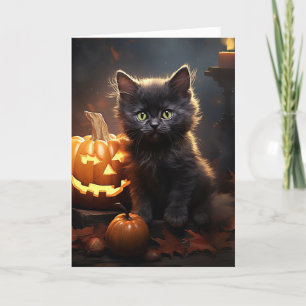 Zwarte kitten met pompoen Halloween Feestdagen Kaart