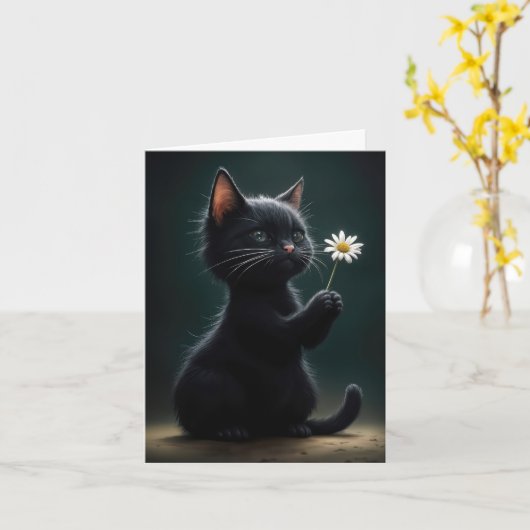 Zwarte kitten met witte Daisy Note Kaart (Gele Bloem)