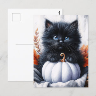 Zwarte Kitten met Witte Pompoen Halloween Briefkaart