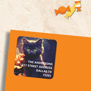 Zwarte Kitten & Pompoenen Halloween Adres Sticker