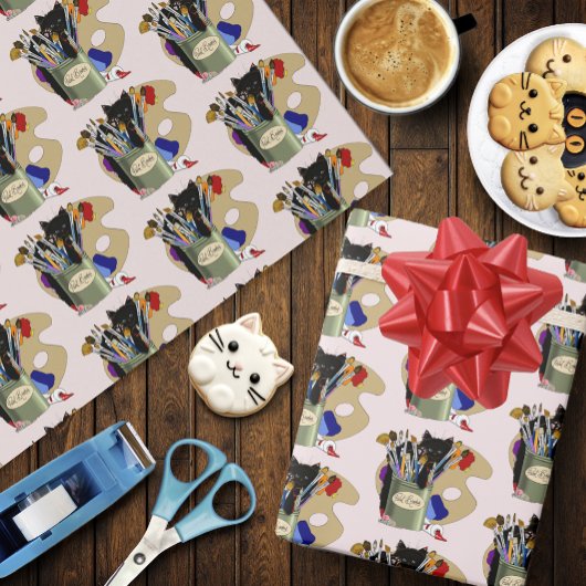 Zwarte Kitten Verfkwast Pot Kunstenaar Kat Roze Cadeaupapier
