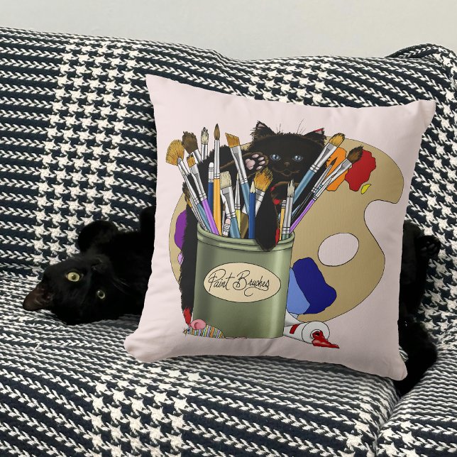 Zwarte Kitten Verfkwast Pot Kunstenaar Kat Roze Kussen (Creator heeft geüpload)
