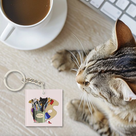 Zwarte Kittens Verfkwast Pot Kunstenaar Kat Roze Sleutelhanger