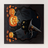 Zwarte Kittenspriekelhoed Halloween Pompoen Legpuzzel (Horizontaal)