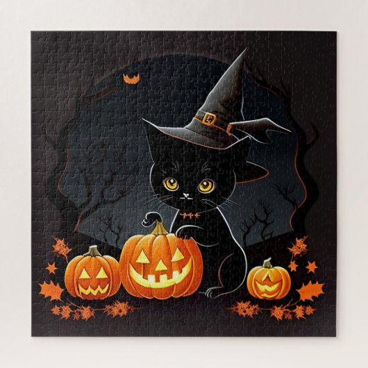 Zwarte Kittenspriekelhoed Halloween Pompoen Legpuzzel (Verticaal)