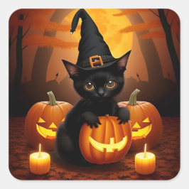 Zwarte Kittenspruitmuts Halloween Pompoenen Knuffe Vierkante Sticker