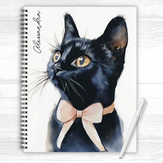Zwarte Kitty Cat in Peach Bow Gepersonaliseerd Notitieboek