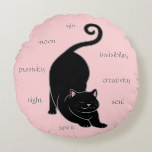Zwarte Kitty Kat Yoga & Bewerkbare Tekst op Roze R Rond Kussen