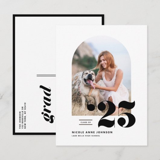 Zwarte Klasse van 2025 Arch Photo Afstuderen Aankondigingskaart (Voorkant / Achterkant)