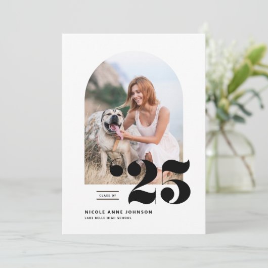 Zwarte Klasse van 2025 Arch Photo Afstuderen Kaart (Staand voorkant)