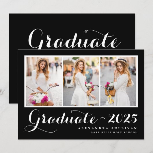 Zwarte Klasse van 2025 Photo Collage Afstuderen Kaart (Voorkant / Achterkant)