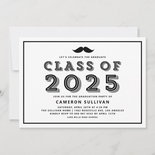 Zwarte Klasse van 2025 snor Retro Afstuderen Kaart (Voorkant)