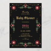 Zwarte klassieke bloemen baby shower kaart (Voorkant)