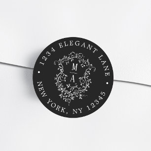 Zwarte Klassieke Franse Bloemenkroon Retouradres Ronde Sticker
