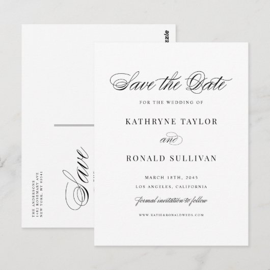 Zwarte Klassieke Script Typografie Sparen de Datum Briefkaart (Voorkant / Achterkant)