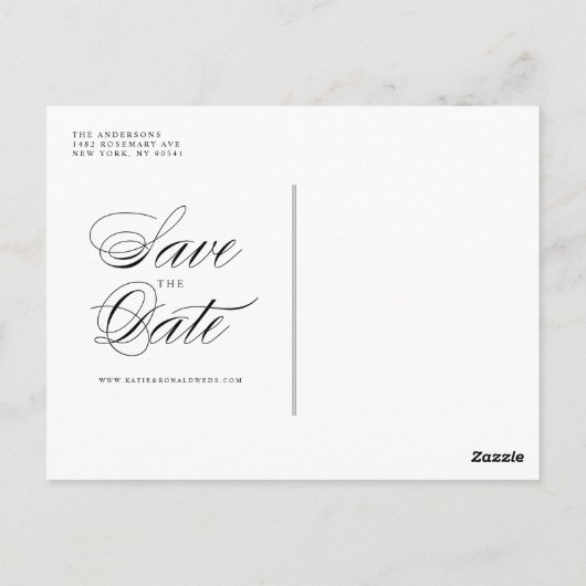 Zwarte Klassieke Script Typografie Sparen de Datum Briefkaart (Achterkant)