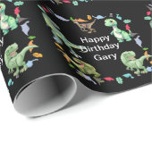 Zwarte kleur Achtergrond Dinosaurus Verjaardagsfee Cadeaupapier (Rol Hoek)