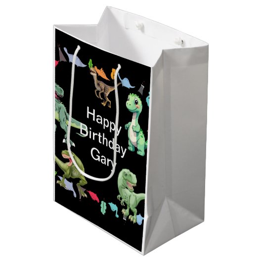 Zwarte kleur Achtergrond Dinosaurus Verjaardagsfee Medium Cadeauzakje (Voorkant Gekanteld)