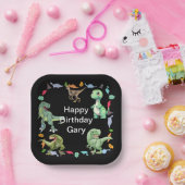 Zwarte kleur Achtergrond Dinosaurus Verjaardagsfee Papieren Bordje (Feest)