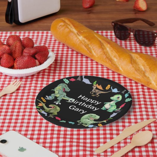 Zwarte kleur Achtergrond Dinosaurus Verjaardagsfee Papieren Bordje (Picknick)