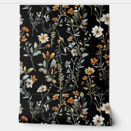 Zwarte kleur boho wildflower behang