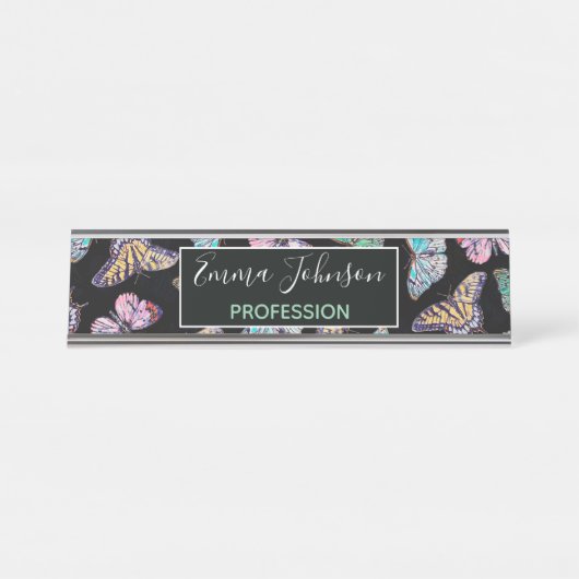 Zwarte kleurige Waterverf Butterflies Bureau Naambordje (Voorkant)